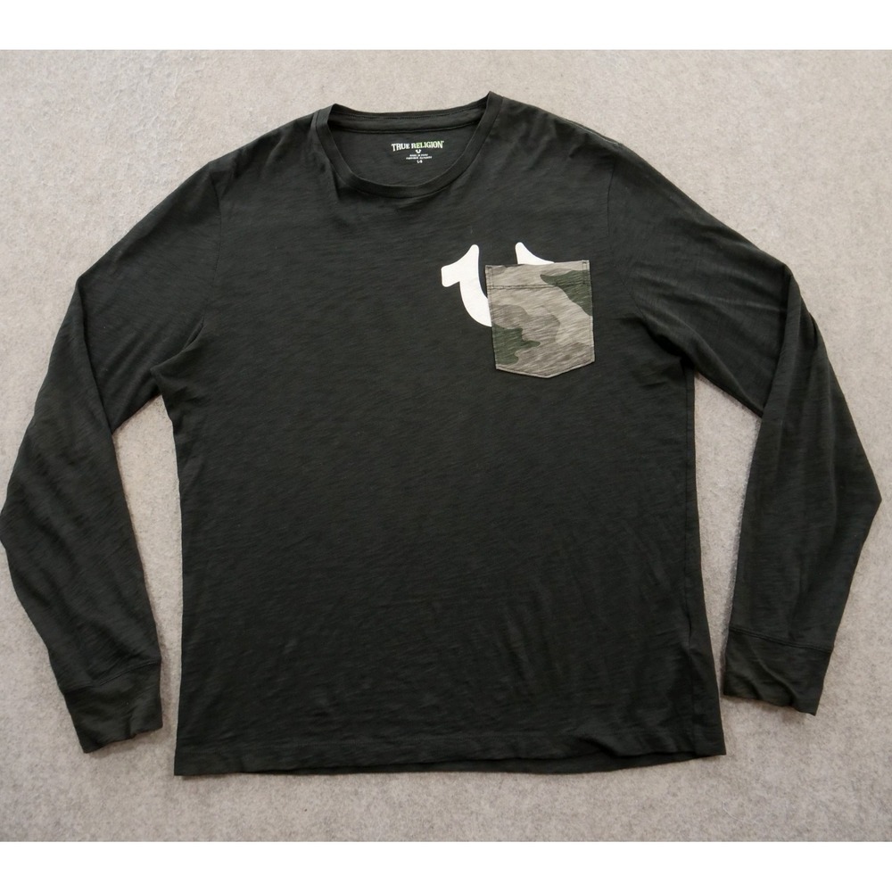 True Religion Shirt Mens Large Black Camo Crew Graphic Print Logo Long Sleeve
